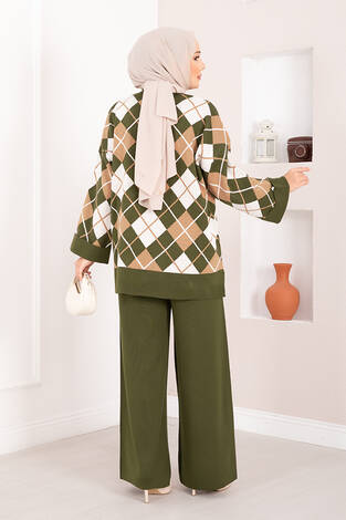 Milano Baklava Desen Tesettür Triko Takım Haki - Thumbnail