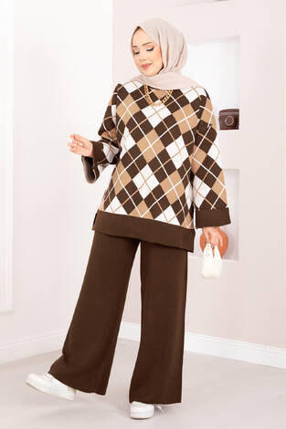 Milano Baklava Desen Tesettür Triko Takım Kahve - Thumbnail