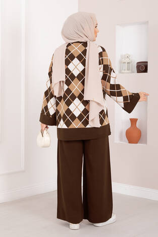Milano Baklava Desen Tesettür Triko Takım Kahve - Thumbnail