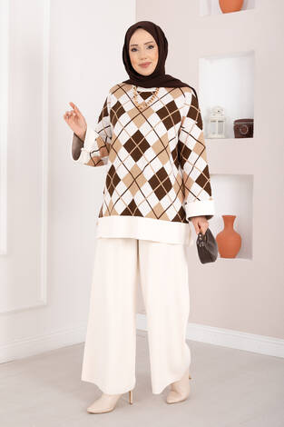 Milano Baklava Desen Tesettür Triko Takım Krem