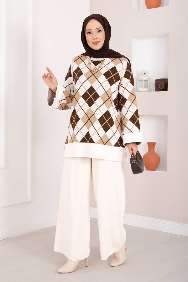 Htn - Milano Baklava Desen Tesettür Triko Takım Krem