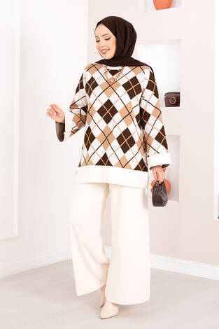 Milano Baklava Desen Tesettür Triko Takım Krem - Thumbnail