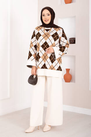 Milano Baklava Desen Tesettür Triko Takım Krem - Thumbnail