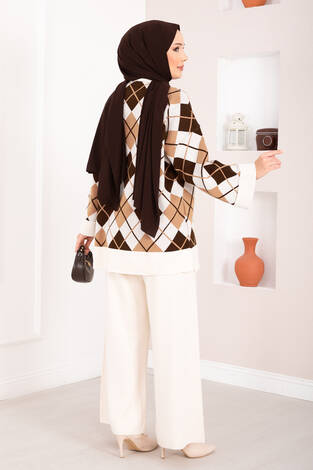 Milano Baklava Desen Tesettür Triko Takım Krem - Thumbnail