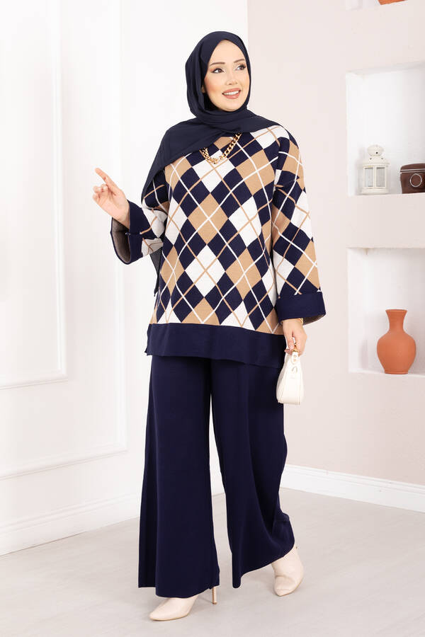 Htn - Milano Baklava Desen Tesettür Triko Takım Lacivert