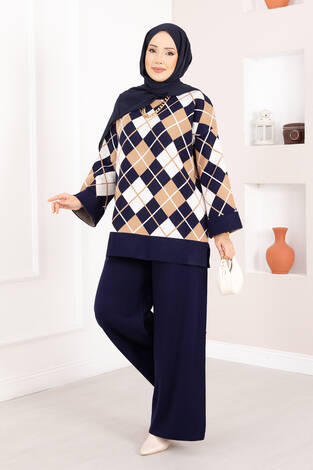 Milano Baklava Desen Tesettür Triko Takım Lacivert - Thumbnail
