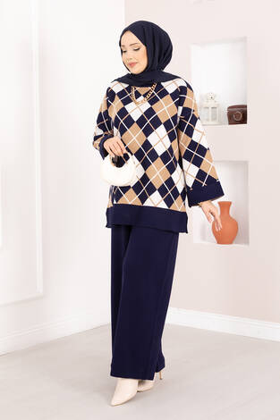 Milano Baklava Desen Tesettür Triko Takım Lacivert - Thumbnail