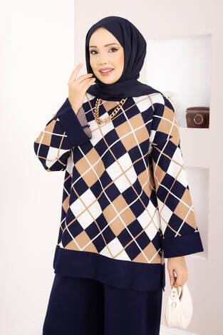 Milano Baklava Desen Tesettür Triko Takım Lacivert - Thumbnail