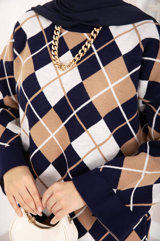 Milano Baklava Desen Tesettür Triko Takım Lacivert - Thumbnail