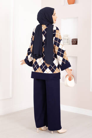 Milano Baklava Desen Tesettür Triko Takım Lacivert - Thumbnail