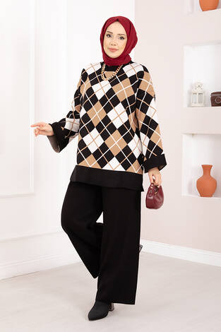 Milano Baklava Desen Tesettür Triko Takım Siyah