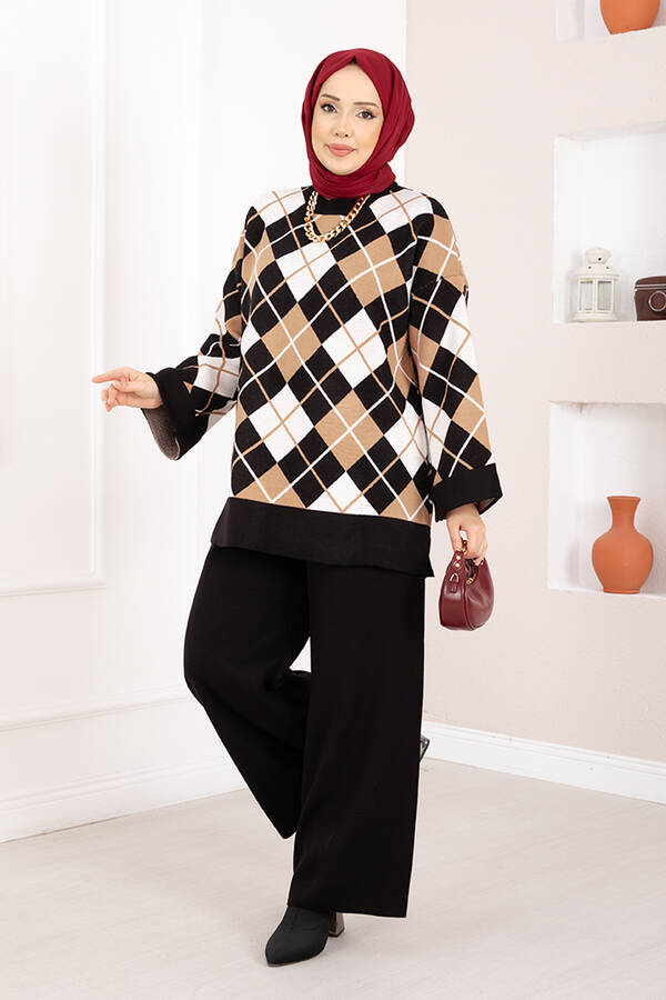 Htn - Milano Baklava Desen Tesettür Triko Takım Siyah