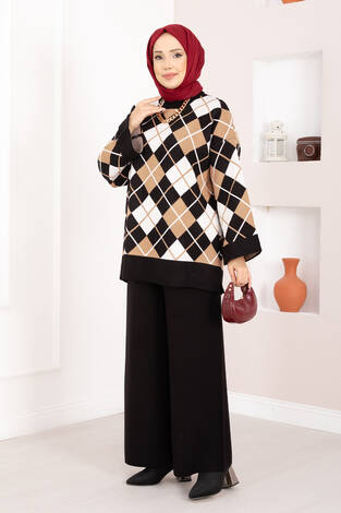 Milano Baklava Desen Tesettür Triko Takım Siyah - Thumbnail