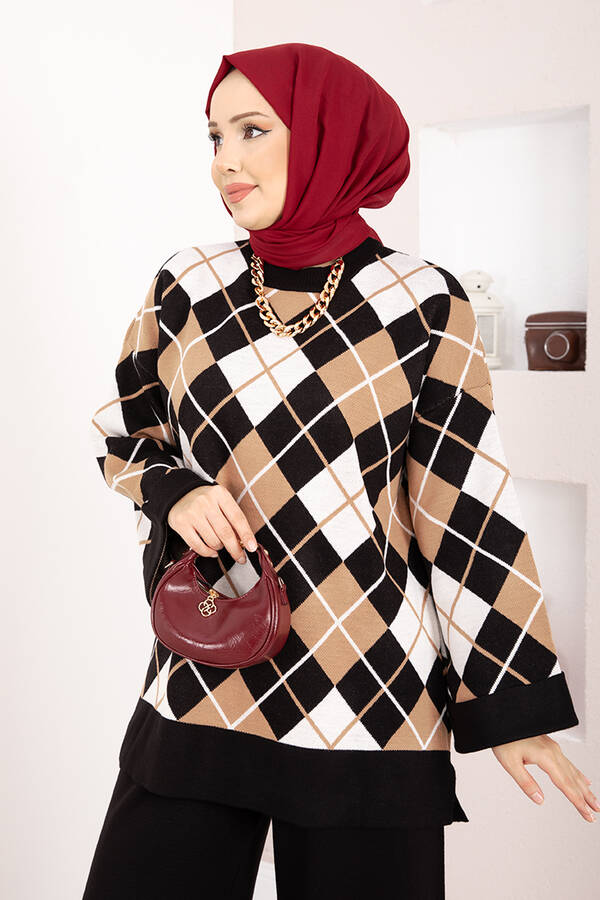 Htn - Milano Baklava Desen Tesettür Triko Takım Siyah (1)