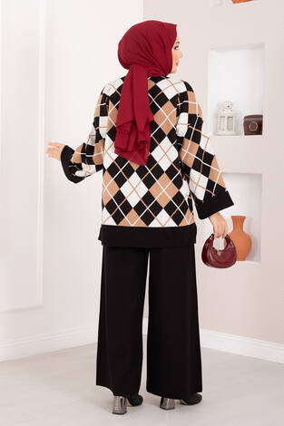 Milano Baklava Desen Tesettür Triko Takım Siyah - Thumbnail