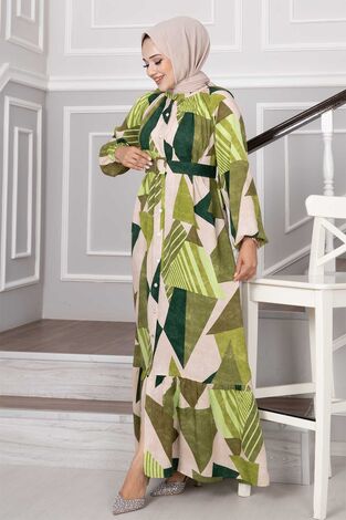 Mina Desenli Terikoton Tesettür Elbise Yeşil - Thumbnail