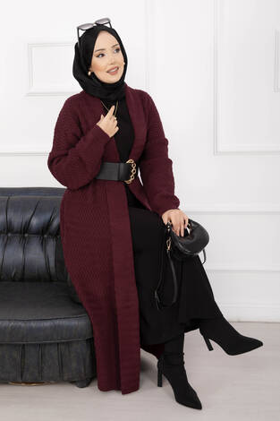 Mina Şal Yaka Uzun Triko Hırka Bordo
