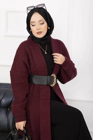 Mina Şal Yaka Uzun Triko Hırka Bordo - Thumbnail