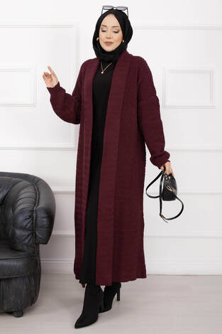 Mina Şal Yaka Uzun Triko Hırka Bordo - Thumbnail