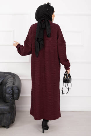 Mina Şal Yaka Uzun Triko Hırka Bordo - Thumbnail