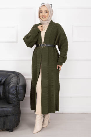 Mina Şal Yaka Uzun Triko Hırka Haki - Thumbnail