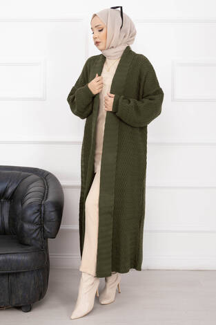 Mina Şal Yaka Uzun Triko Hırka Haki - Thumbnail
