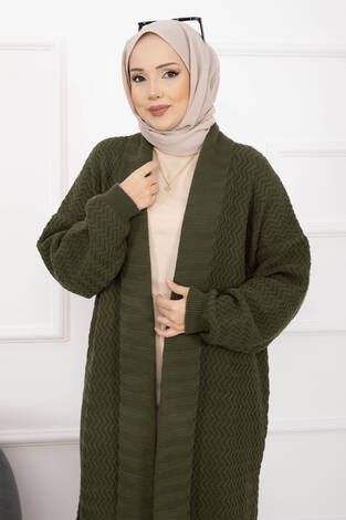 Mina Şal Yaka Uzun Triko Hırka Haki - Thumbnail