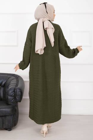 Mina Şal Yaka Uzun Triko Hırka Haki - Thumbnail