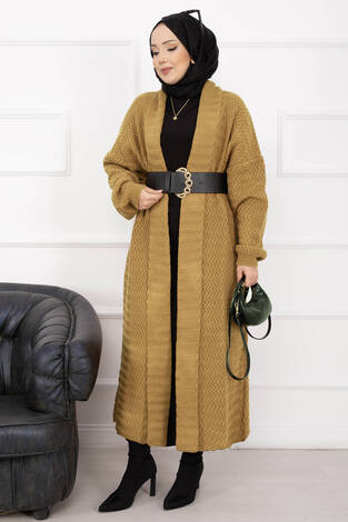 Mina Şal Yaka Uzun Triko Hırka Hardal