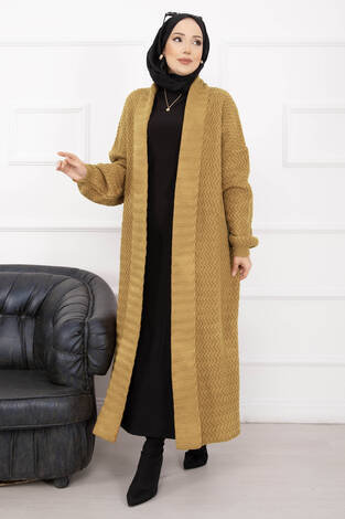 Mina Şal Yaka Uzun Triko Hırka Hardal - Thumbnail