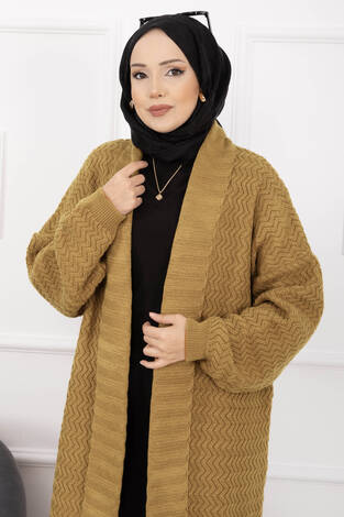 Mina Şal Yaka Uzun Triko Hırka Hardal - Thumbnail