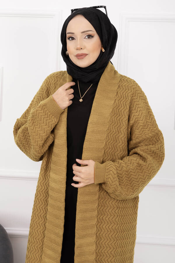 RAF - Mina Şal Yaka Uzun Triko Hırka Hardal (1)