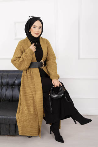 Mina Şal Yaka Uzun Triko Hırka Hardal - Thumbnail