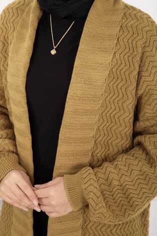 Mina Şal Yaka Uzun Triko Hırka Hardal - Thumbnail