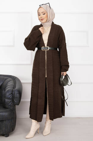 Mina Şal Yaka Uzun Triko Hırka Kahve - Thumbnail