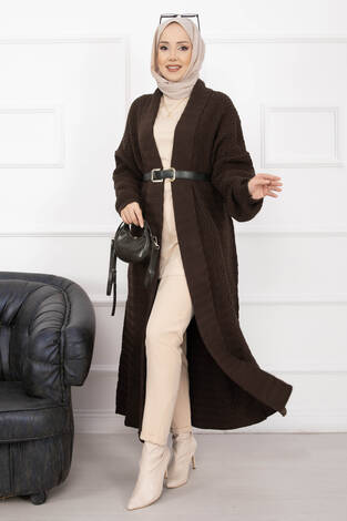 Mina Şal Yaka Uzun Triko Hırka Kahve - Thumbnail