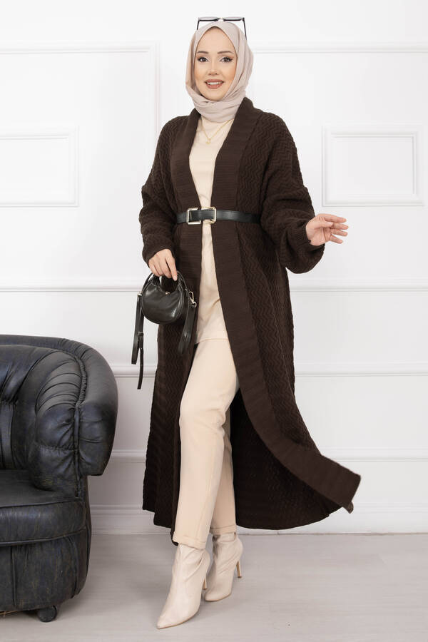 RAF - Mina Şal Yaka Uzun Triko Hırka Kahve