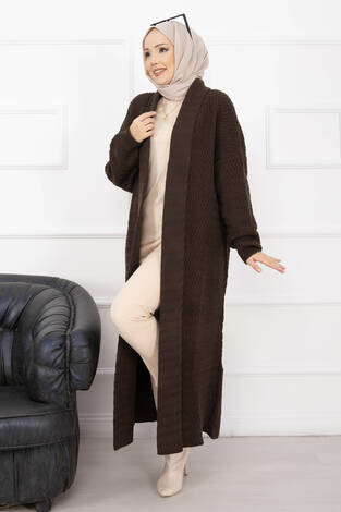 Mina Şal Yaka Uzun Triko Hırka Kahve - Thumbnail