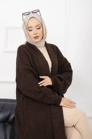 Mina Şal Yaka Uzun Triko Hırka Kahve - Thumbnail