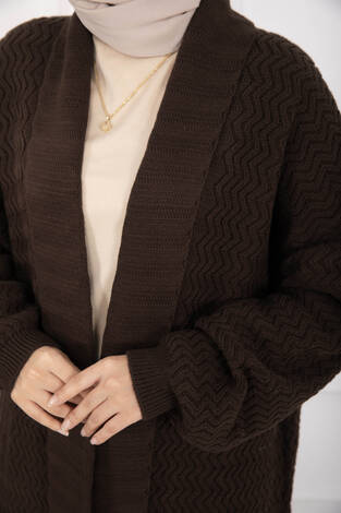 Mina Şal Yaka Uzun Triko Hırka Kahve - Thumbnail