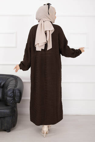 Mina Şal Yaka Uzun Triko Hırka Kahve - Thumbnail