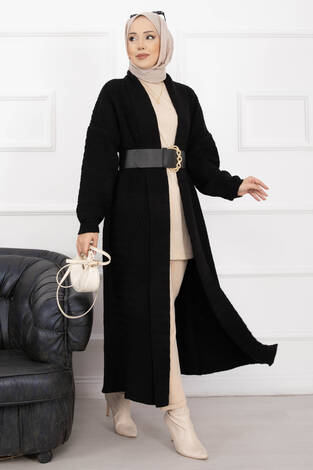 Mina Şal Yaka Uzun Triko Hırka Siyah - Thumbnail