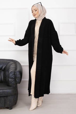 Mina Şal Yaka Uzun Triko Hırka Siyah - Thumbnail