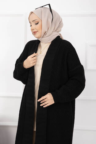 Mina Şal Yaka Uzun Triko Hırka Siyah - Thumbnail