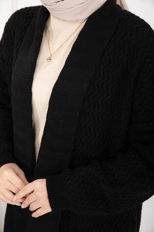 Mina Şal Yaka Uzun Triko Hırka Siyah - Thumbnail