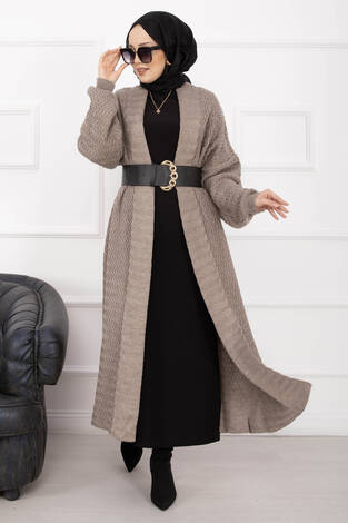 Mina Şal Yaka Uzun Triko Hırka Vizon - Thumbnail