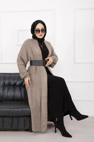 Mina Şal Yaka Uzun Triko Hırka Vizon - Thumbnail