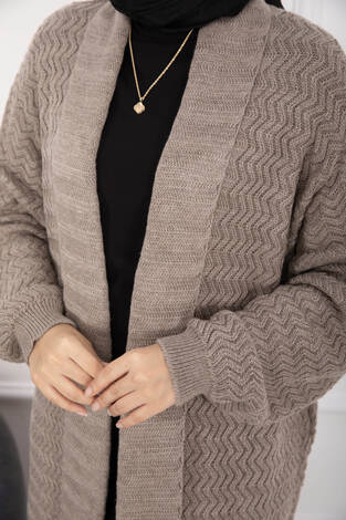 Mina Şal Yaka Uzun Triko Hırka Vizon - Thumbnail