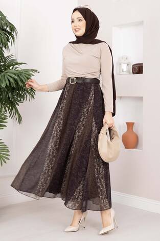 Mini Çiçek Desen Kemerli Şifon Etek Kahve - Thumbnail