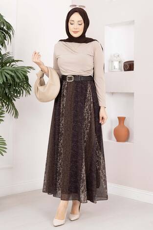 Mini Çiçek Desen Kemerli Şifon Etek Kahve - Thumbnail